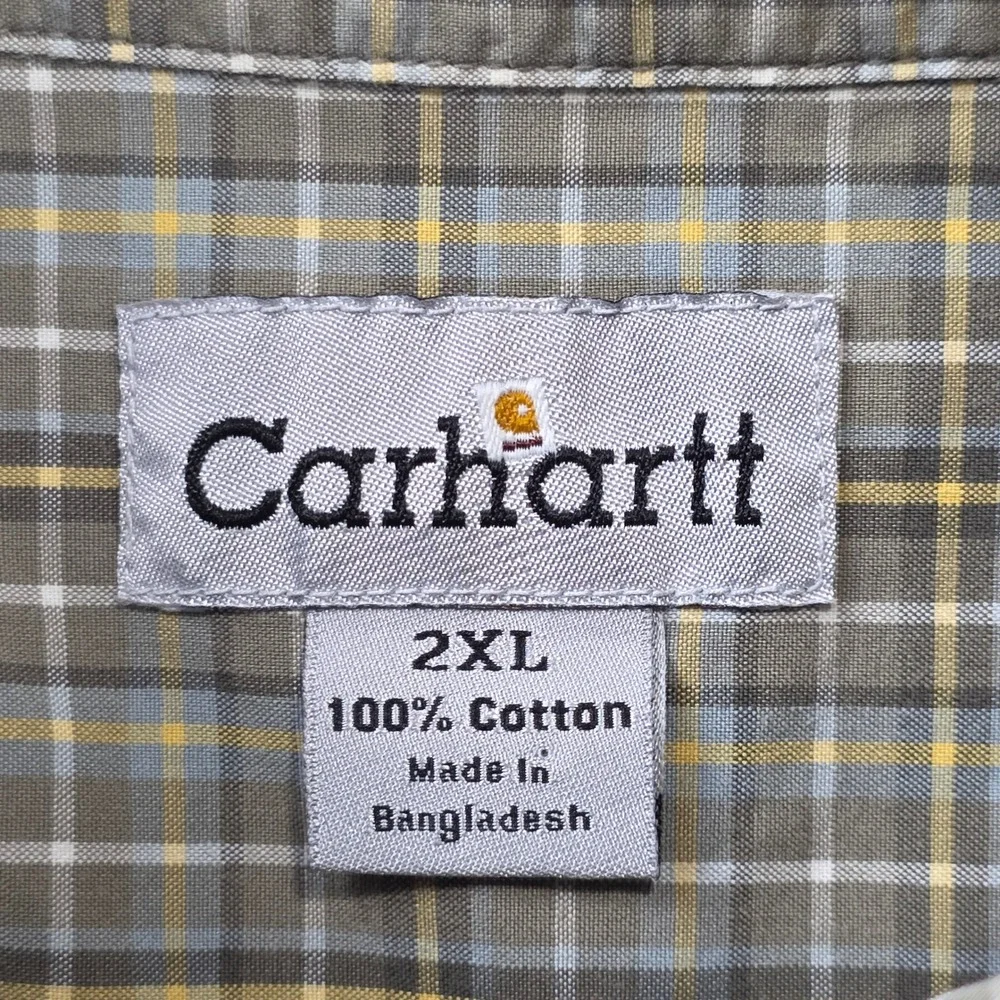 Carhartt Button Down Shirt Mens 2XL Green Plaid Short Sleeve Cotton Workwear